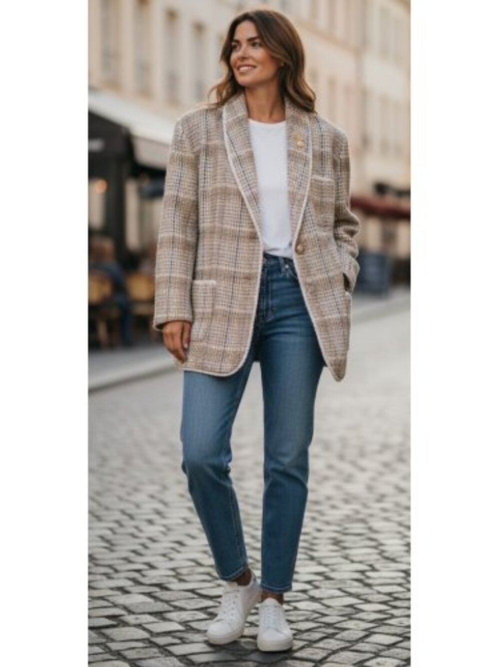 STYLEWORKS Tan Plaid Textured Blazer Jacket Ladies Size 14 Gold Mouse Lapel Pin